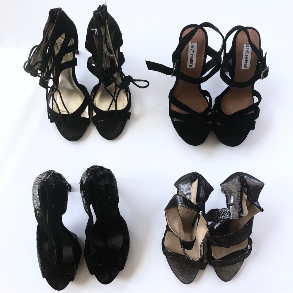 (4) black open toe strappy heels